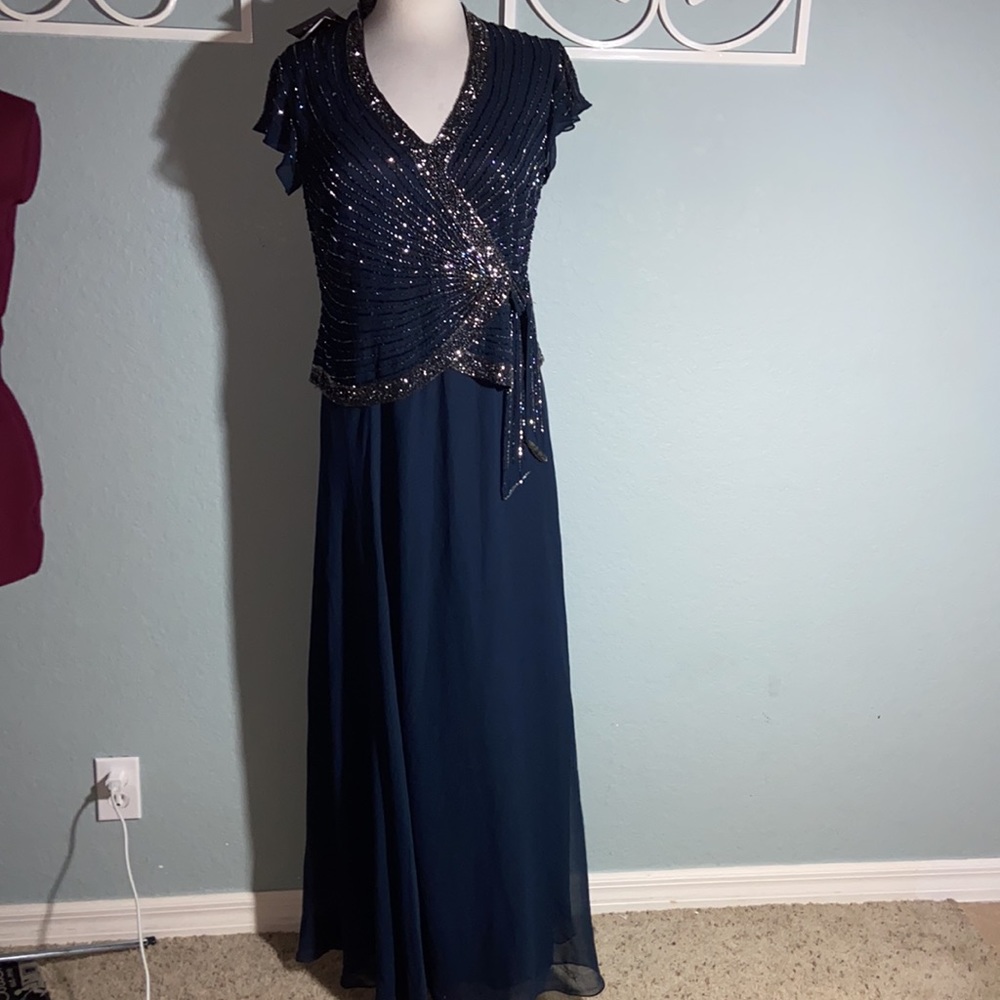 Nwt JKara  Navy Chiffon Embellished Evening Dress Gown - Picture 7 of 14